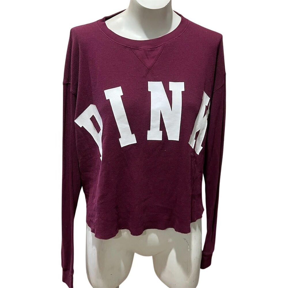 PINK Victoria's Secret Cropped T-Shirt Womens M Burgundy Waffle Knit Logo